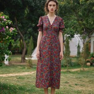 Kora Floral Printed Maxi Dress-Dark Red